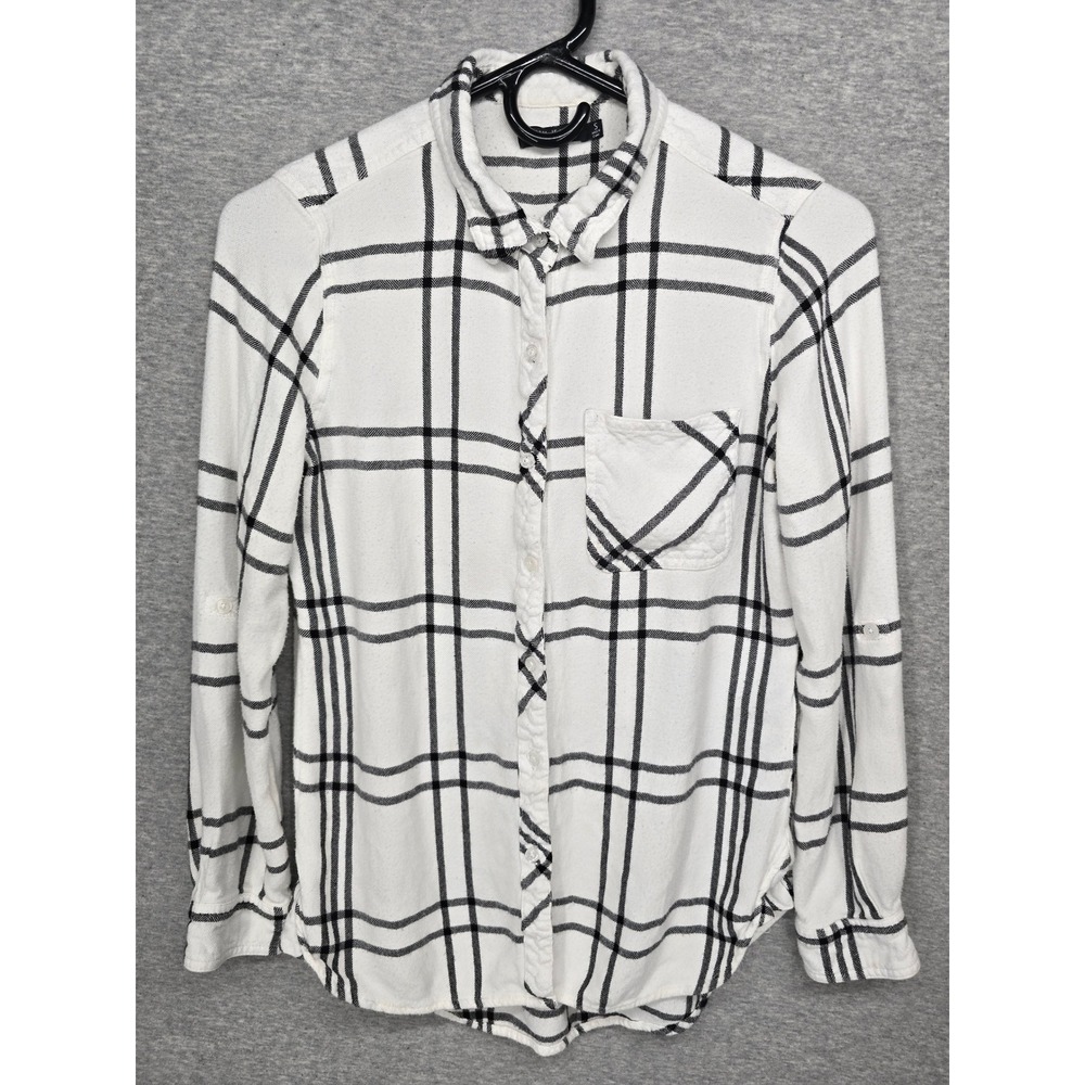 Max Jeans Women White Black Plaid Roll Tab Sleeve Button Down Shirt Small